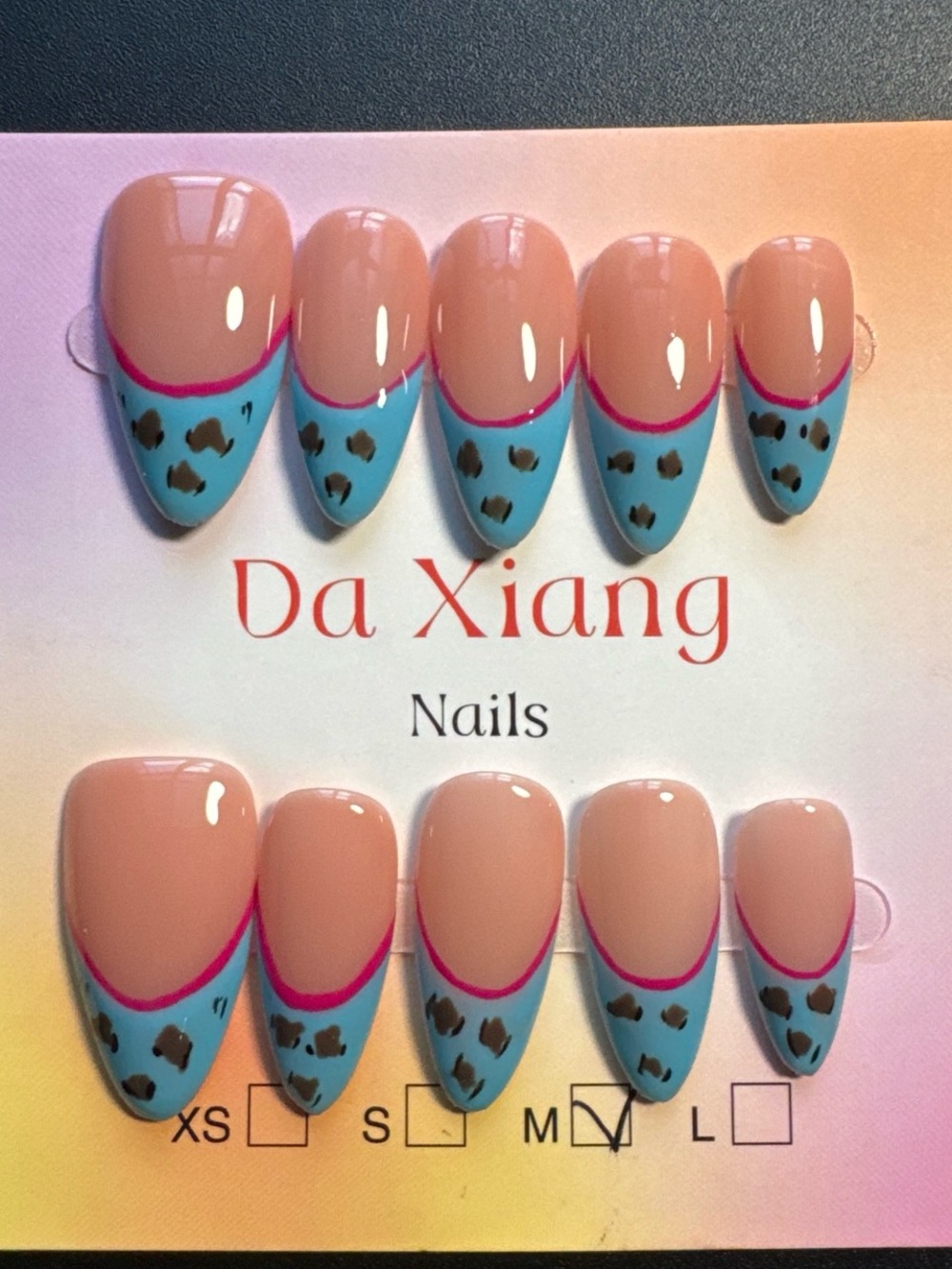 Nude Pink & Blue Leopard Tip Press-On Nails
